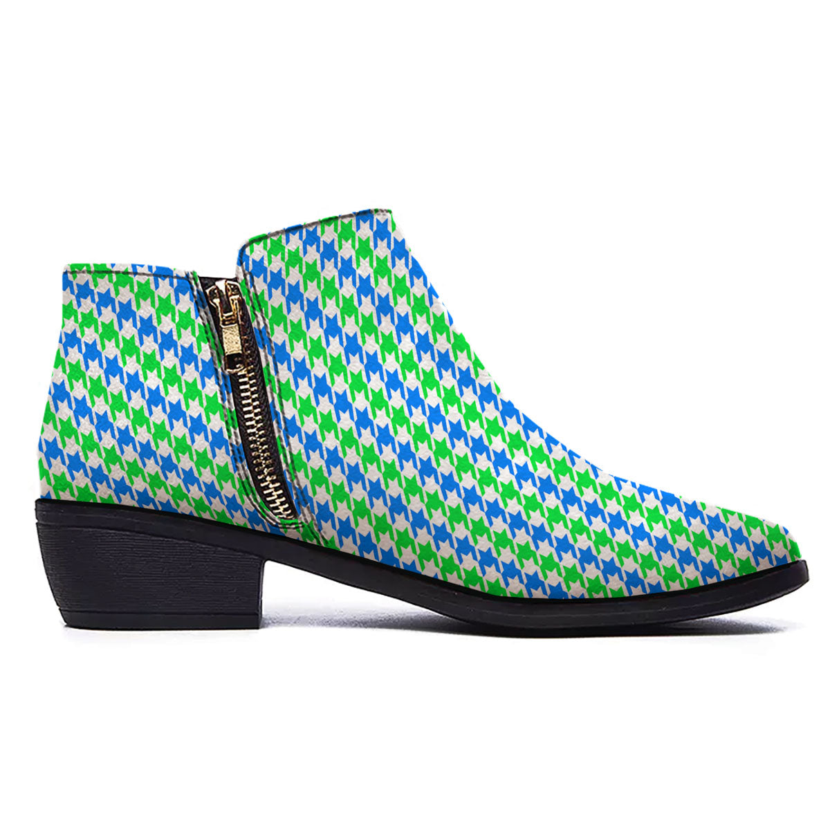 Green Blue And White Houndstooth Print Ankle Boots-grizzshop