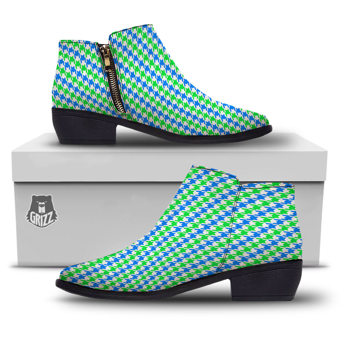Green Blue And White Houndstooth Print Ankle Boots-grizzshop