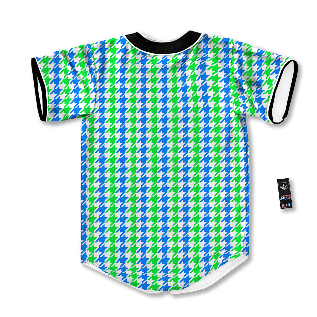 Green Blue And White Houndstooth Print Baseball Jersey-grizzshop