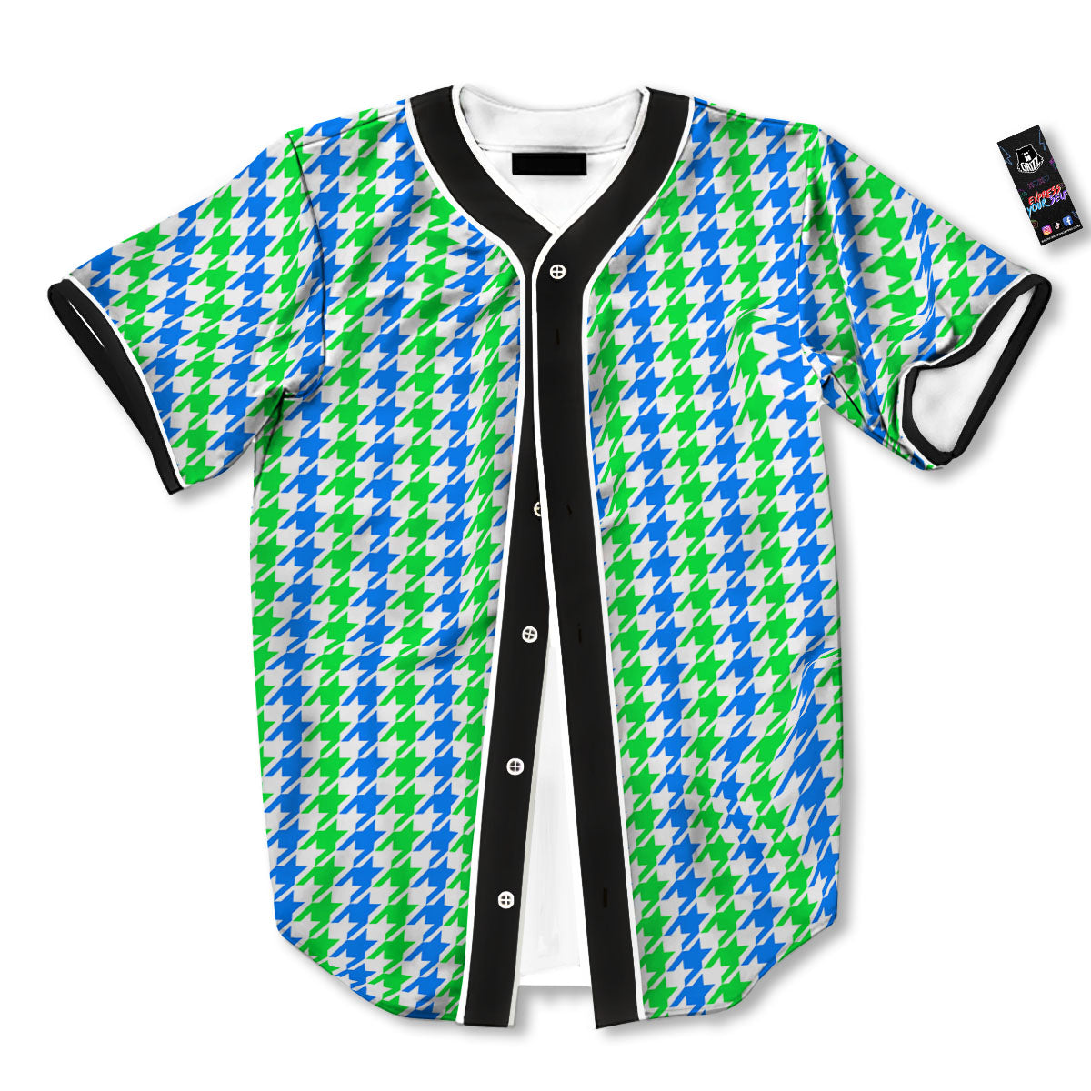 Green Blue And White Houndstooth Print Baseball Jersey-grizzshop