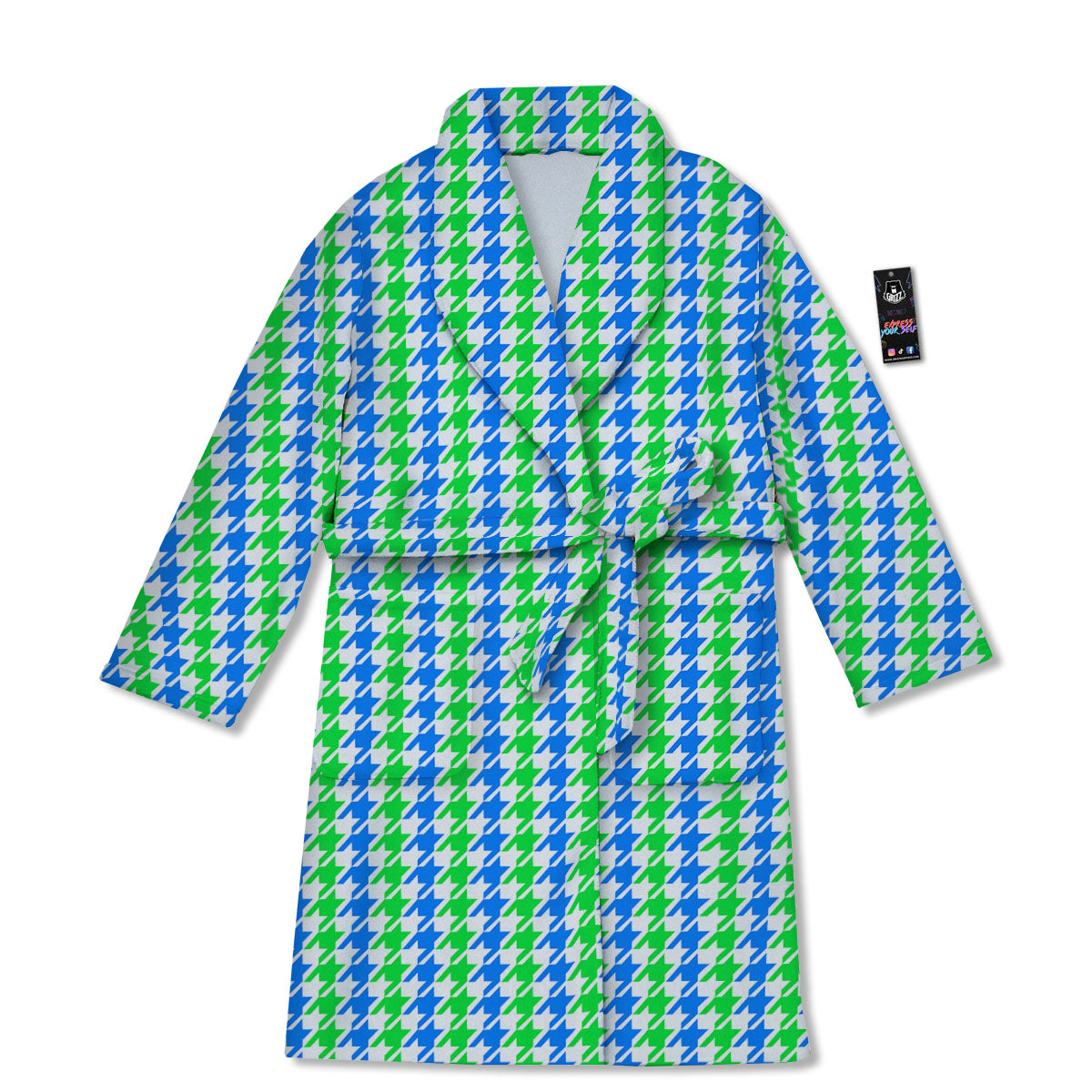 Green Blue And White Houndstooth Print Bathrobe-grizzshop