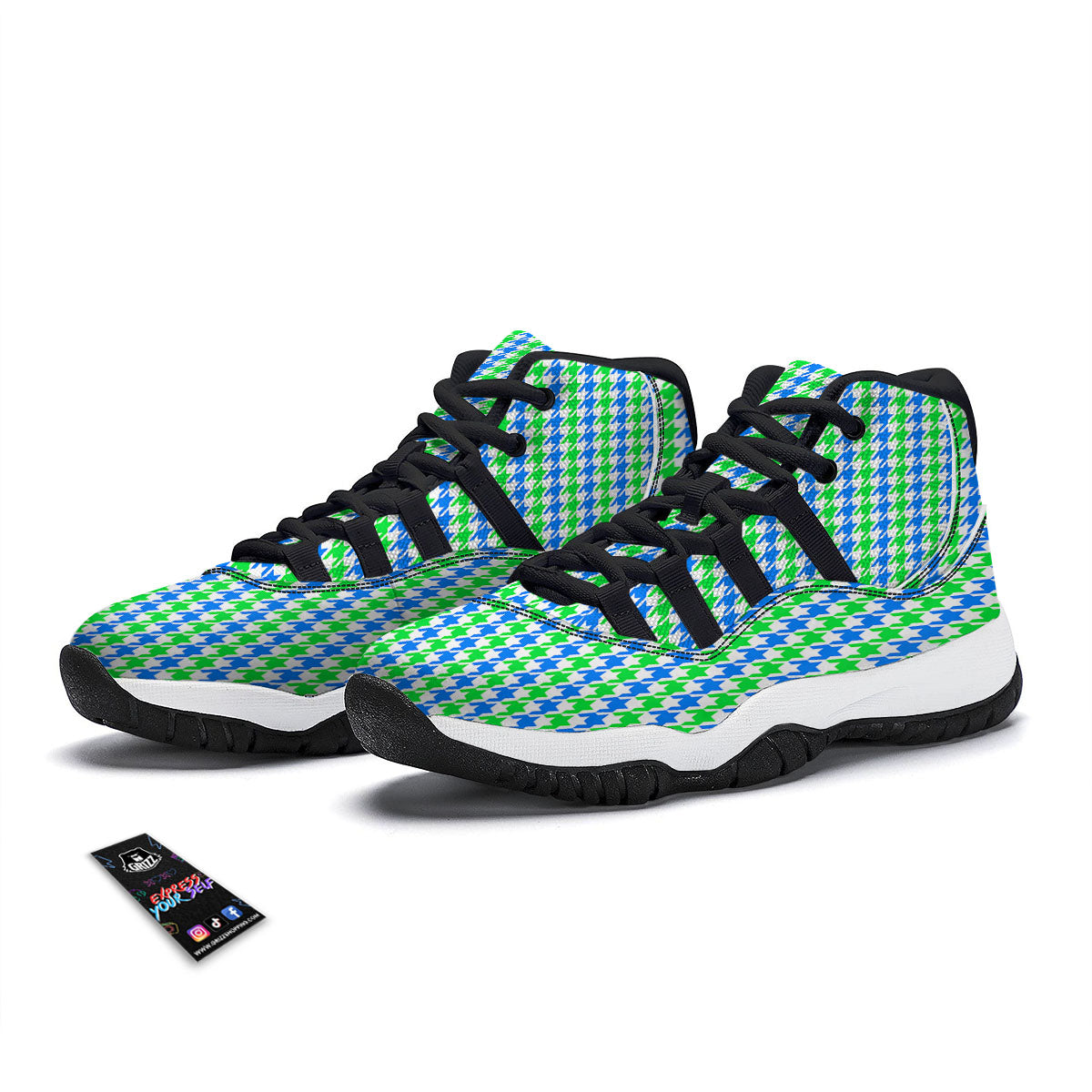 Green Blue And White Houndstooth Print Black Bball Shoes-grizzshop