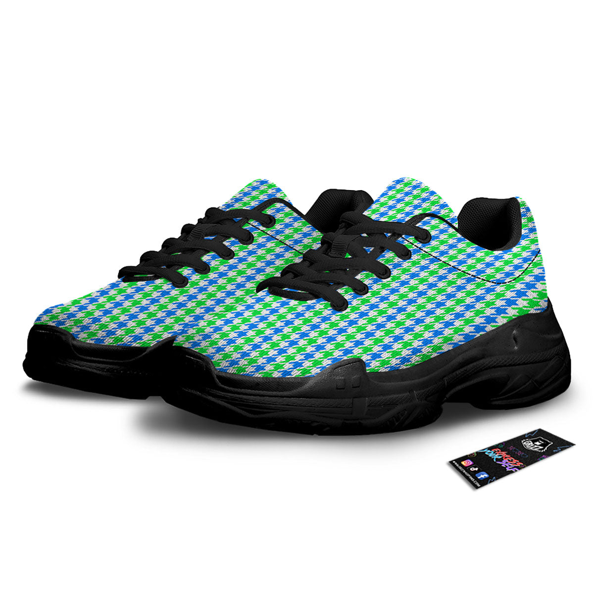 Green Blue And White Houndstooth Print Black Chunky Shoes-grizzshop