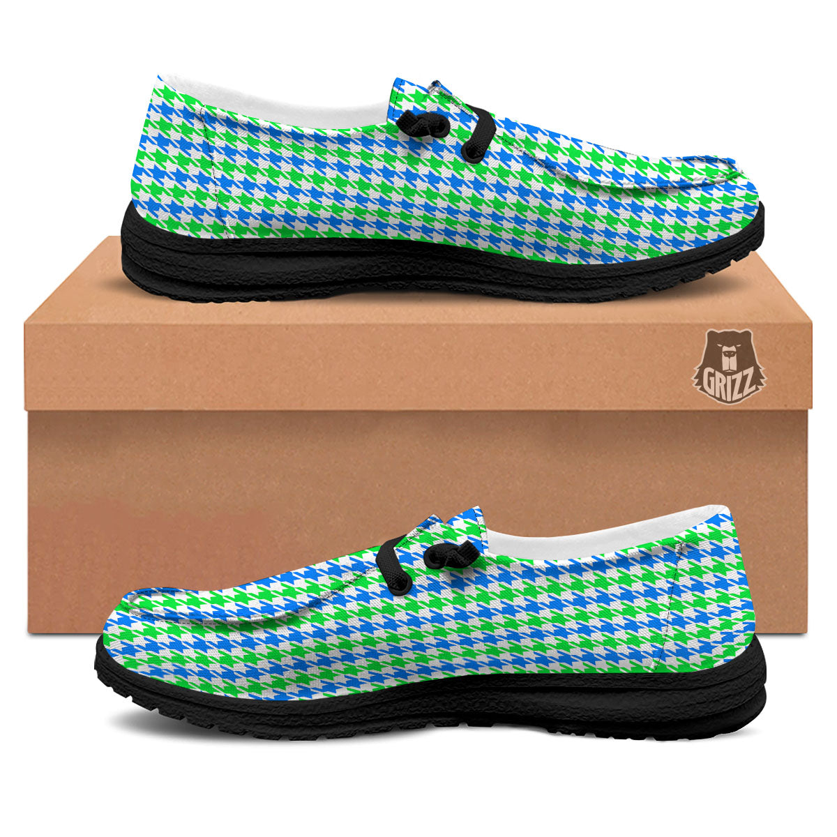 Green Blue And White Houndstooth Print Black Loafers-grizzshop