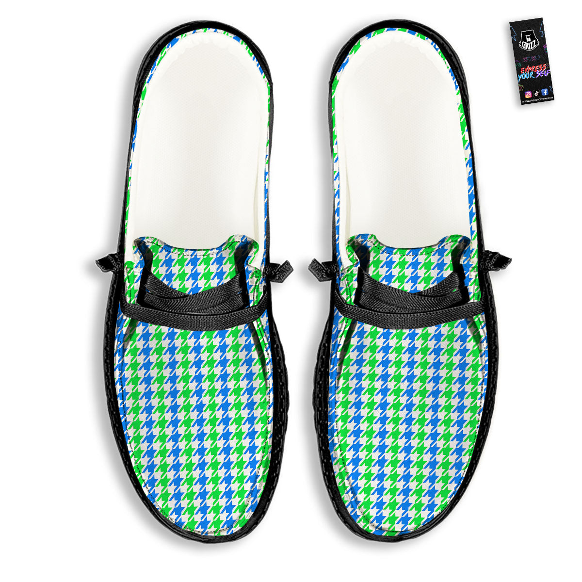 Green Blue And White Houndstooth Print Black Loafers-grizzshop