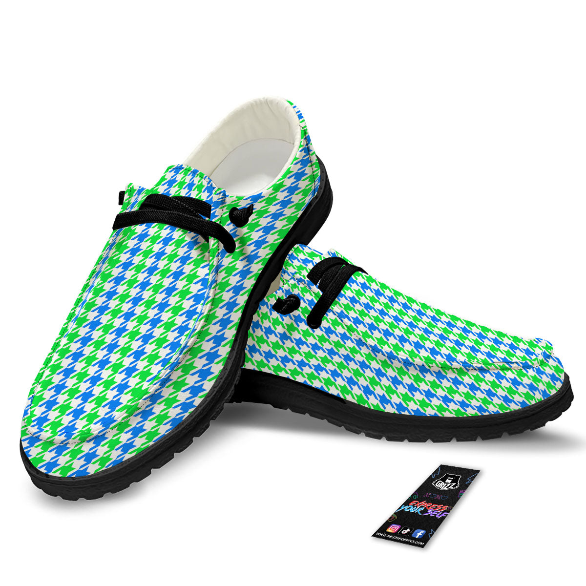 Green Blue And White Houndstooth Print Black Loafers-grizzshop