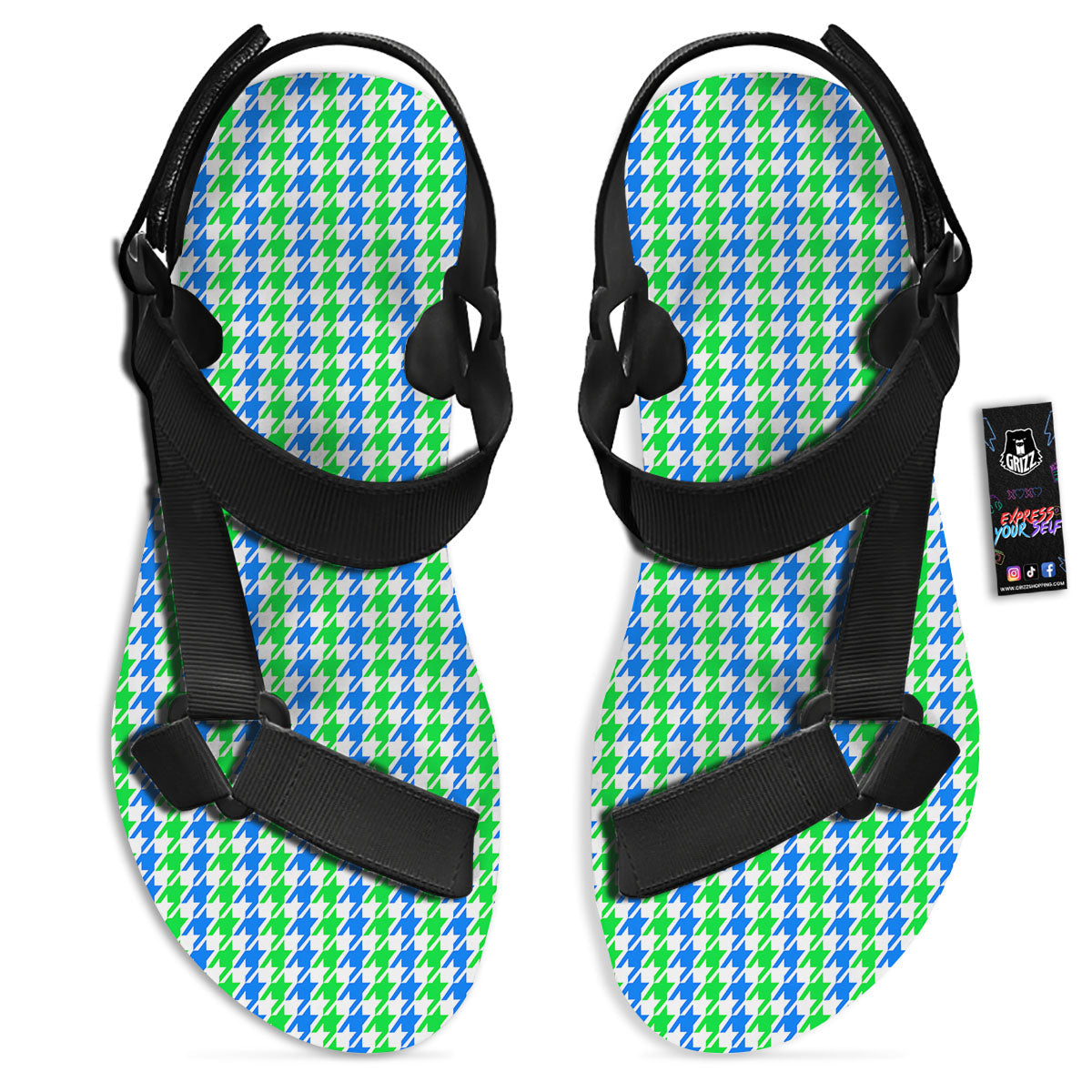 Green Blue And White Houndstooth Print Black Open Toe Sandals-grizzshop