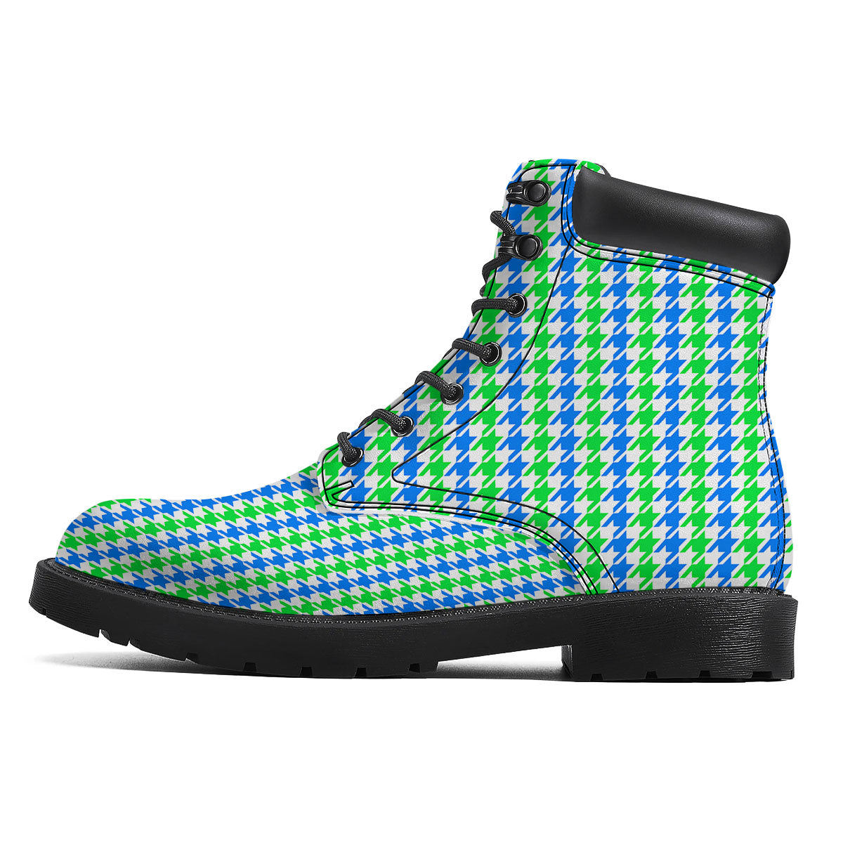 Green Blue And White Houndstooth Print Boots-grizzshop
