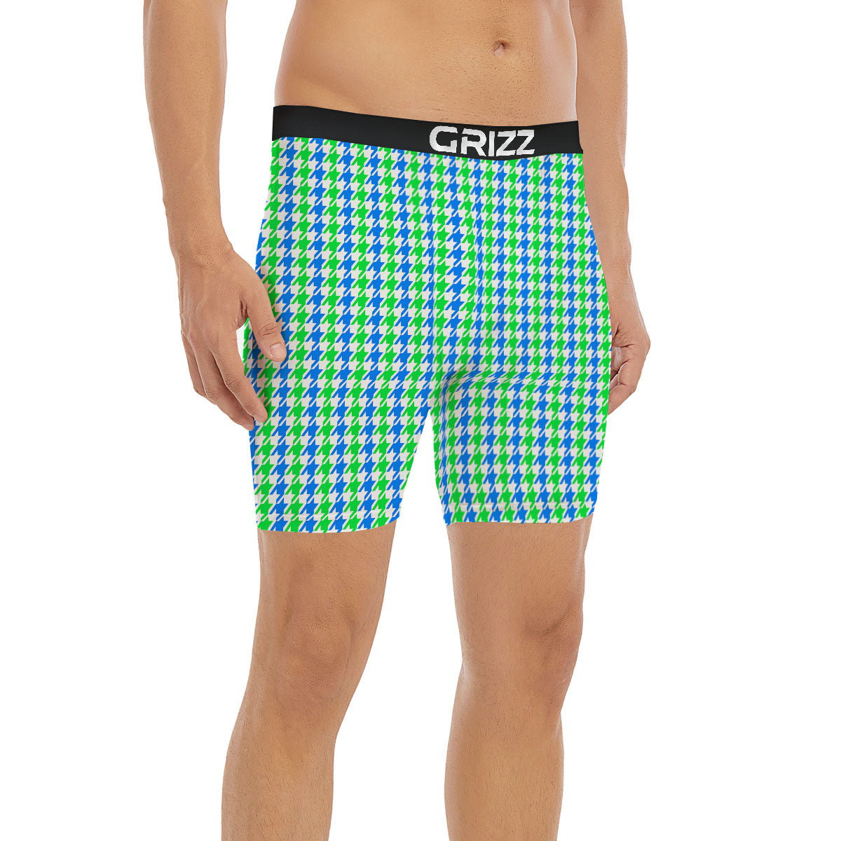 Green Blue And White Houndstooth Print Boxer Briefs-grizzshop