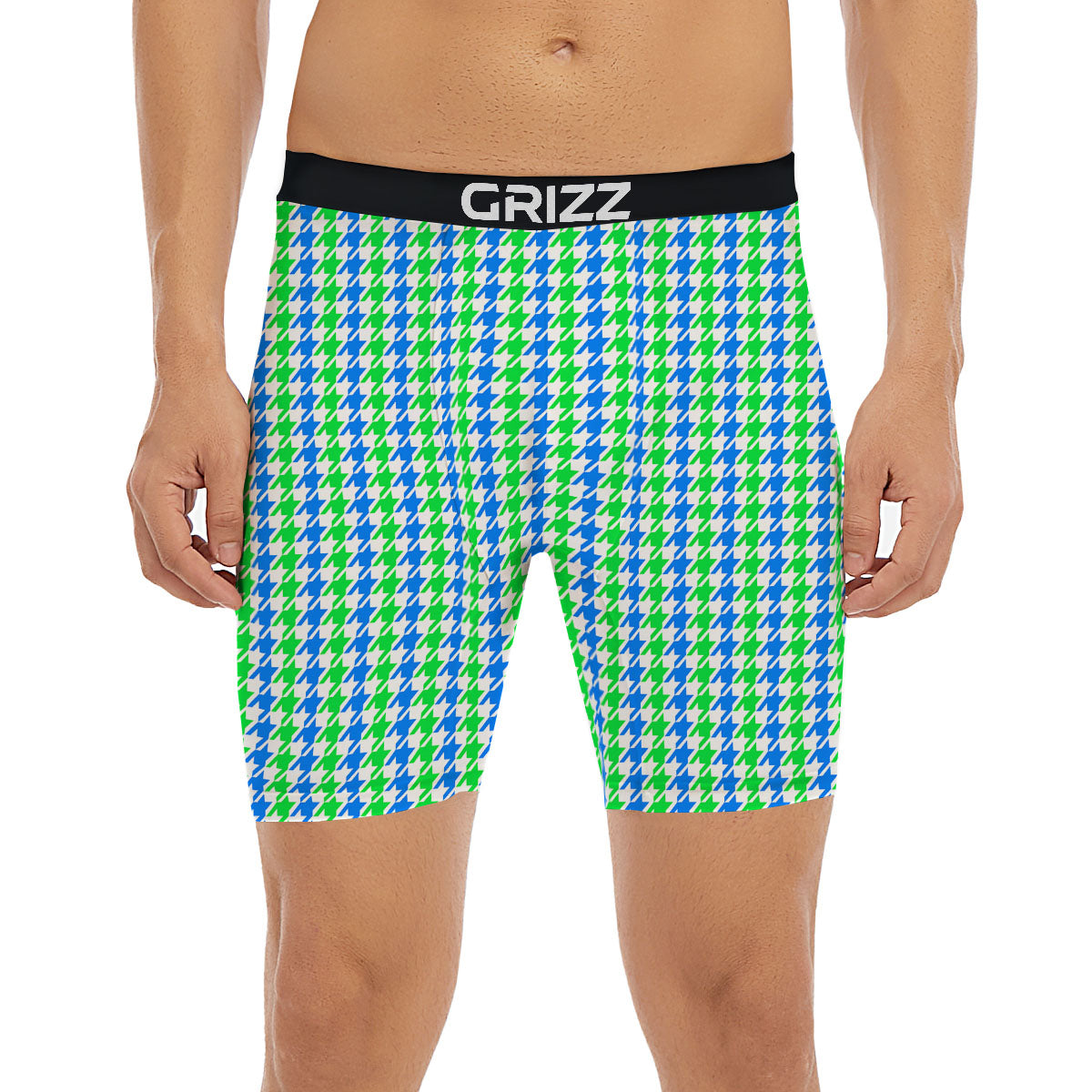 Green Blue And White Houndstooth Print Boxer Briefs-grizzshop