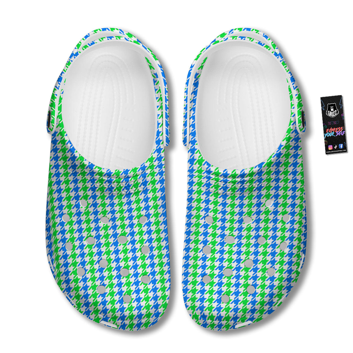 Green Blue And White Houndstooth Print Clog-grizzshop