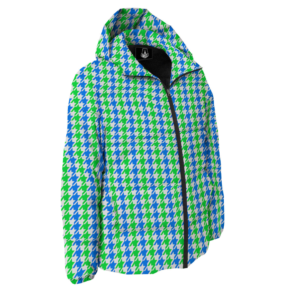Green Blue And White Houndstooth Print Down Jacket-grizzshop