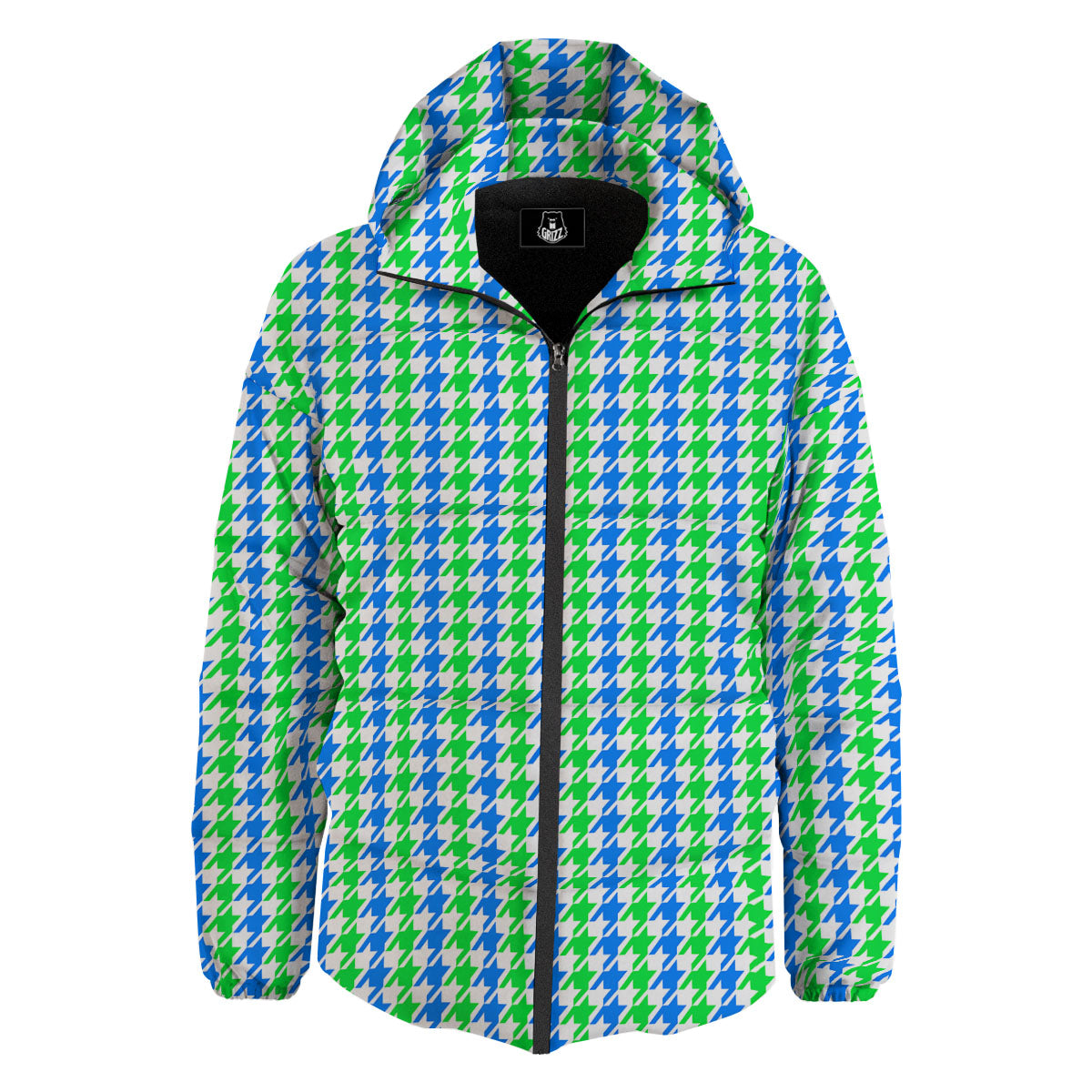 Green Blue And White Houndstooth Print Down Jacket-grizzshop