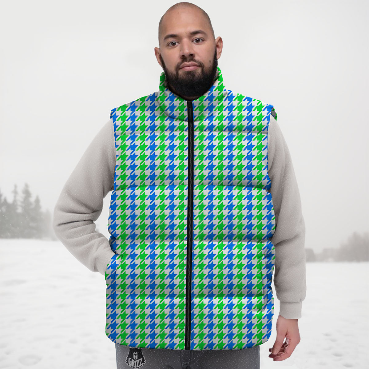Green Blue And White Houndstooth Print Down Vest