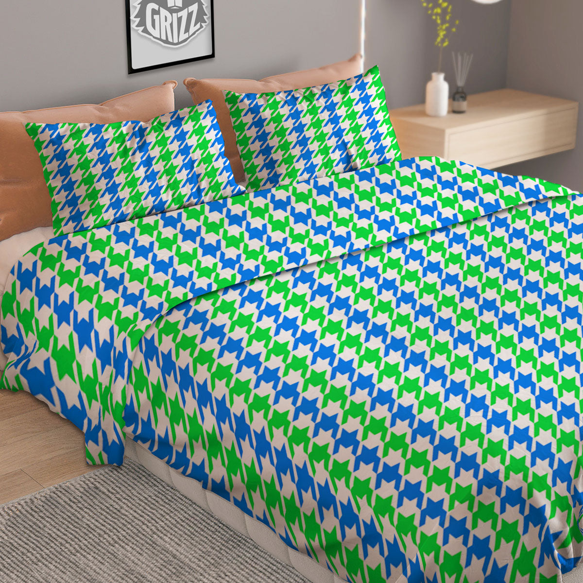 Geometric Cube Dark Green Print Pattern Duvet Cover Bedding Set