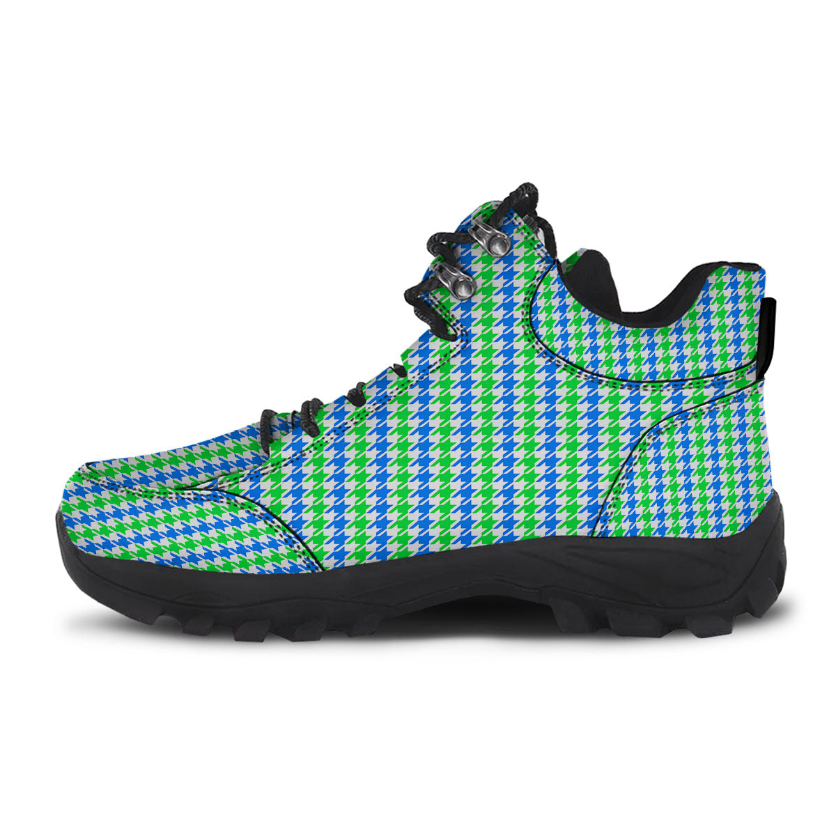 Green Blue And White Houndstooth Print Hiking Shoes-grizzshop