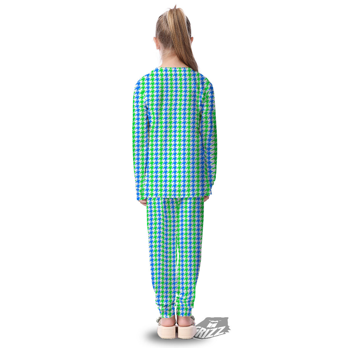 Green Blue And White Houndstooth Print Kid's Pajamas-grizzshop