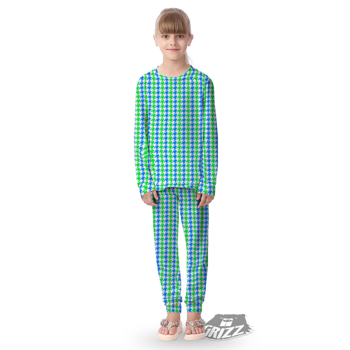 Green Blue And White Houndstooth Print Kid's Pajamas-grizzshop