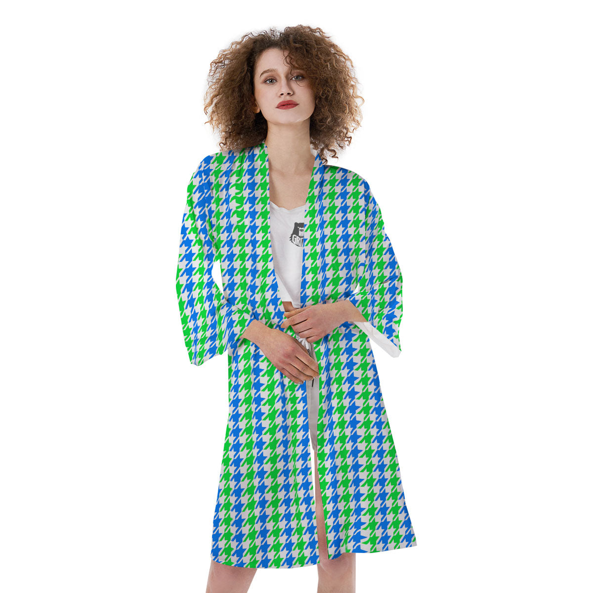 Green Blue And White Houndstooth Print Kimono-grizzshop