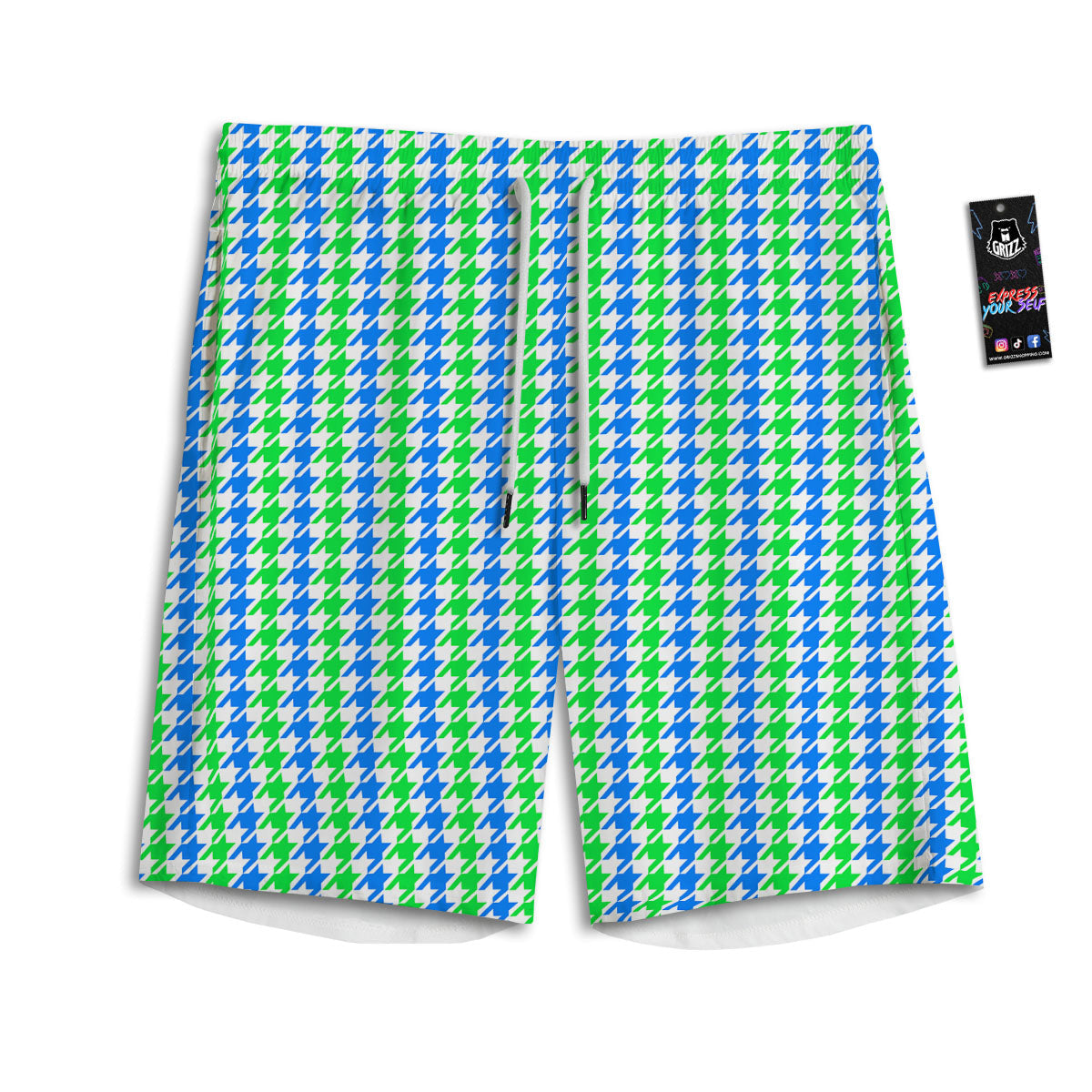 Green Blue And White Houndstooth Print Men's Athletic Shorts