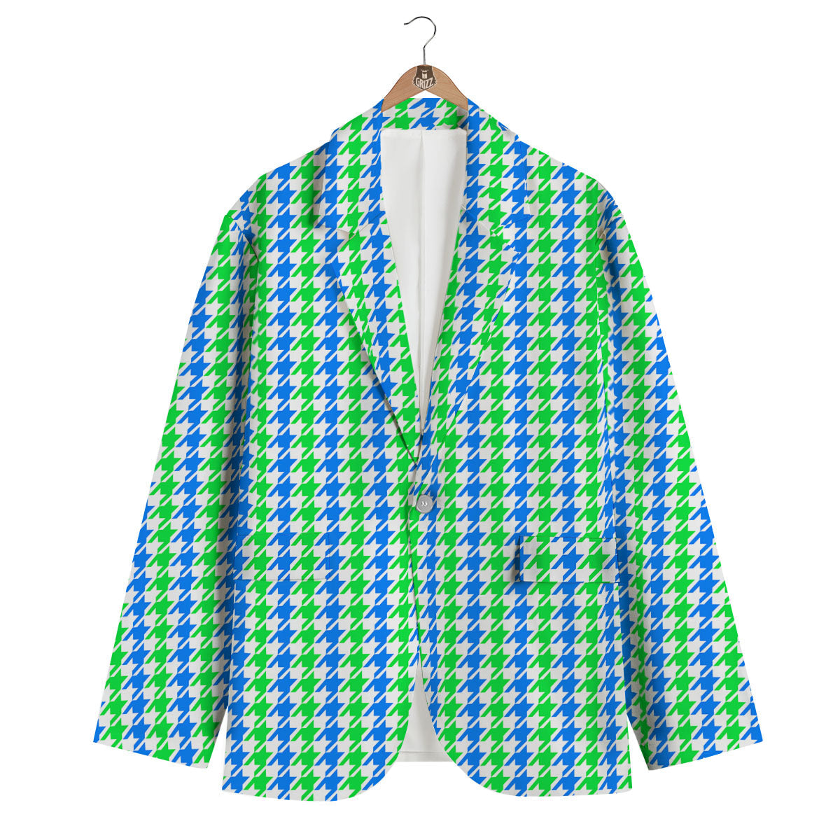 Green Blue And White Houndstooth Print Men's Blazer-grizzshop