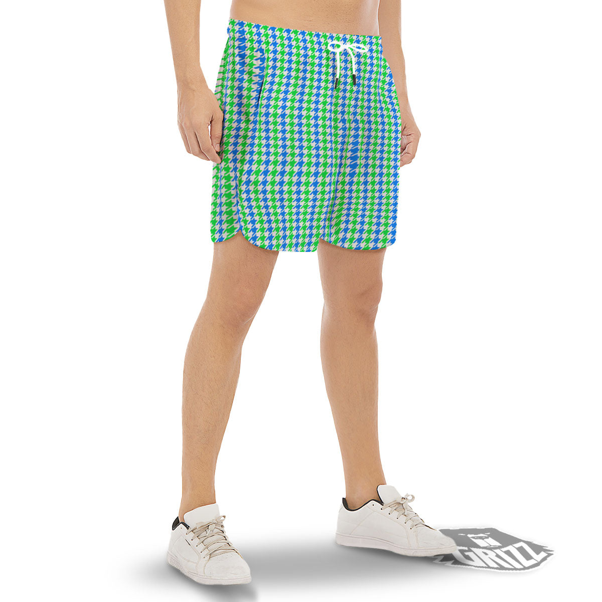 Green Blue And White Houndstooth Print Men's Gym Shorts-grizzshop