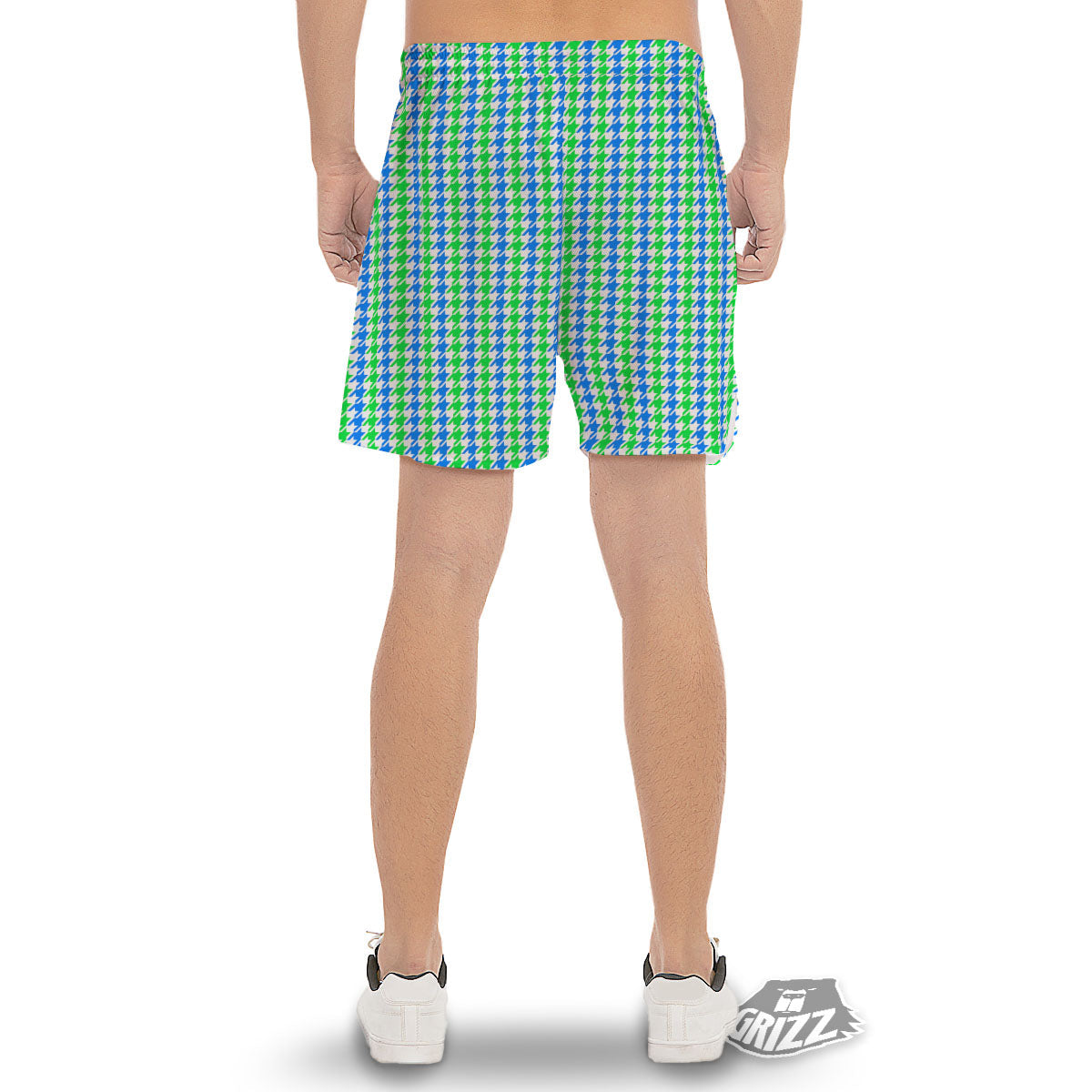 Green Blue And White Houndstooth Print Men's Gym Shorts-grizzshop