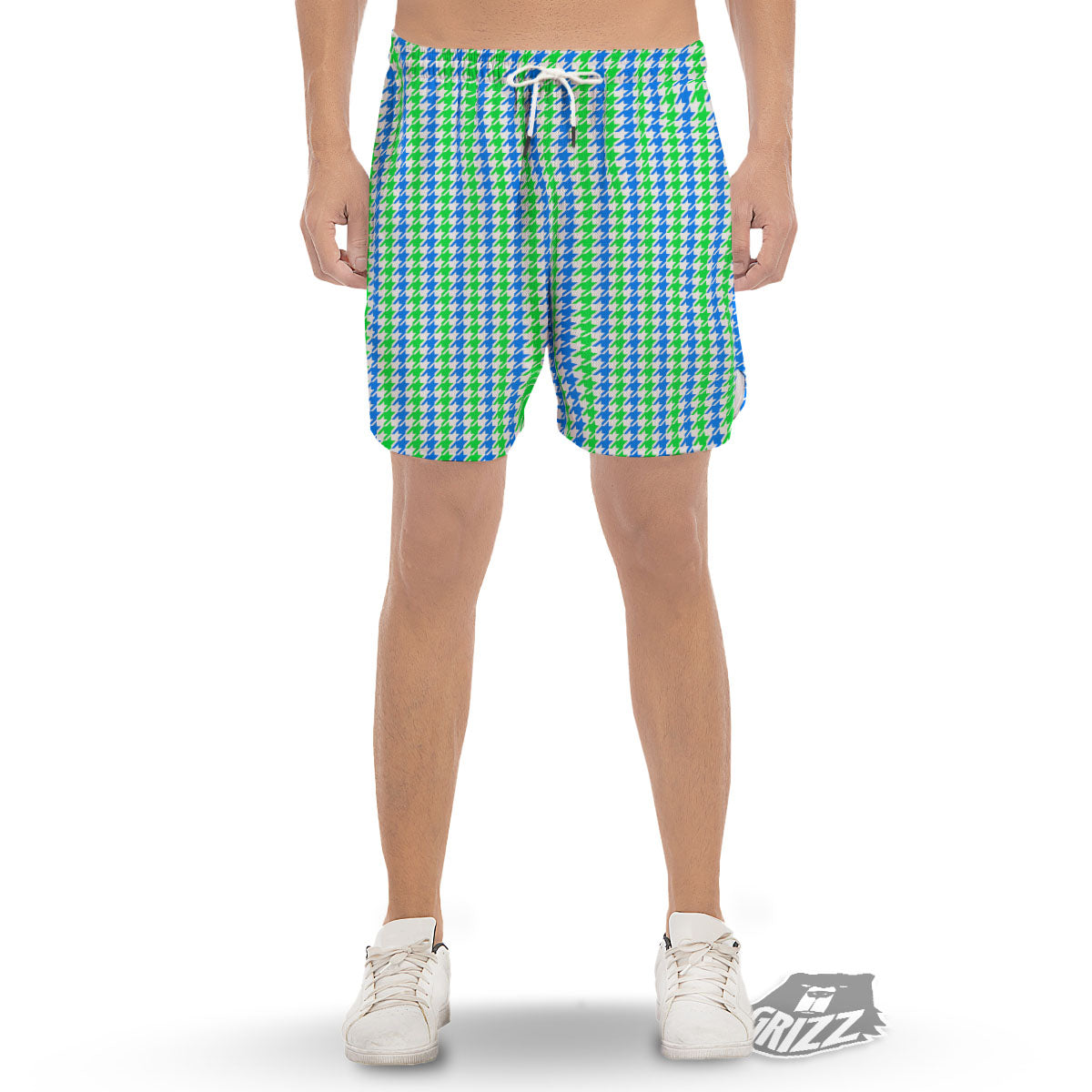 Green Blue And White Houndstooth Print Men's Gym Shorts-grizzshop
