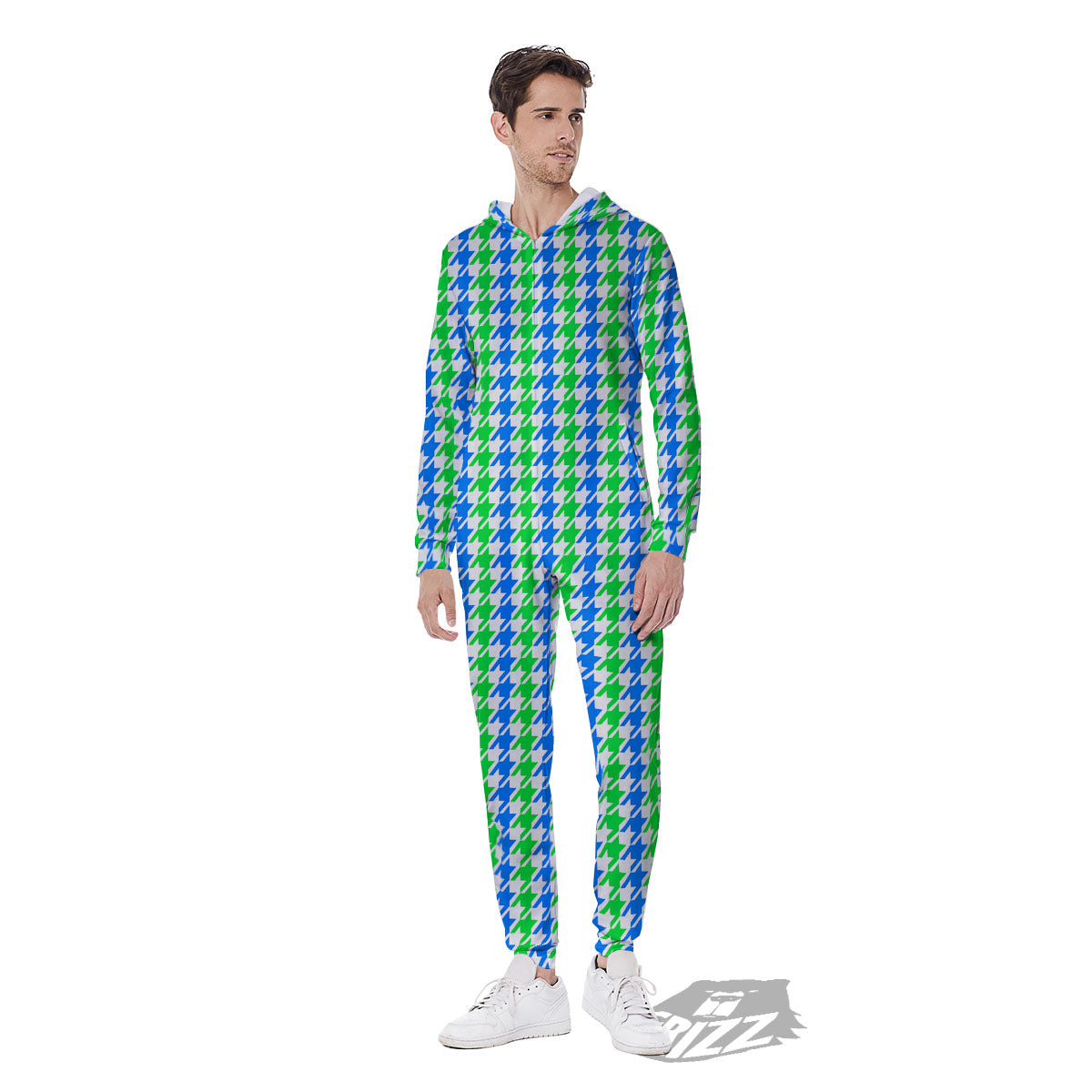 Green Blue And White Houndstooth Print Men's Jumpsuit-grizzshop