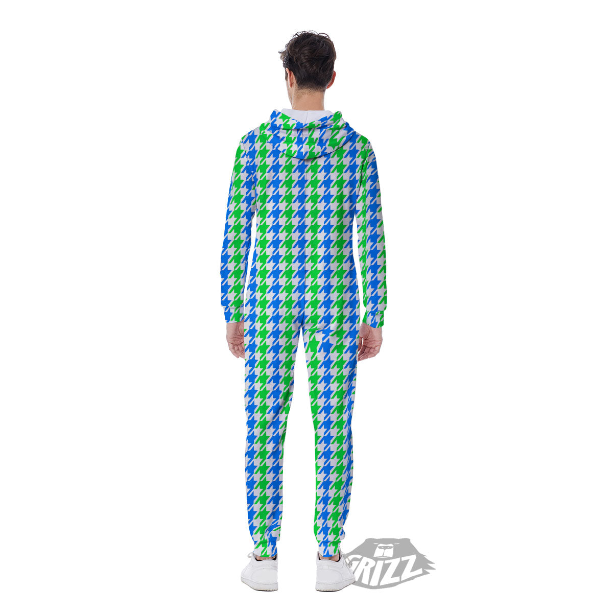 Green Blue And White Houndstooth Print Men's Jumpsuit-grizzshop