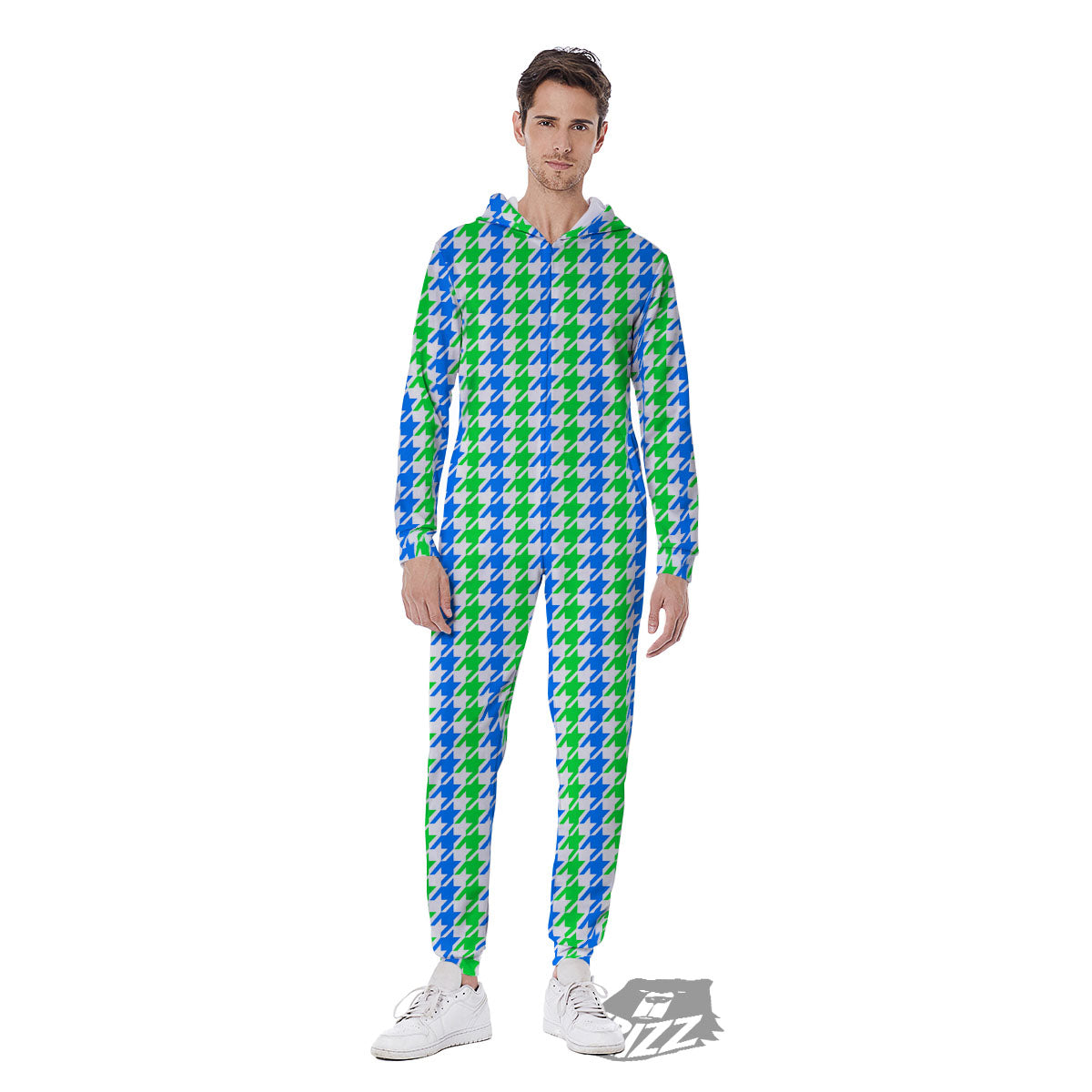 Green Blue And White Houndstooth Print Men's Jumpsuit-grizzshop