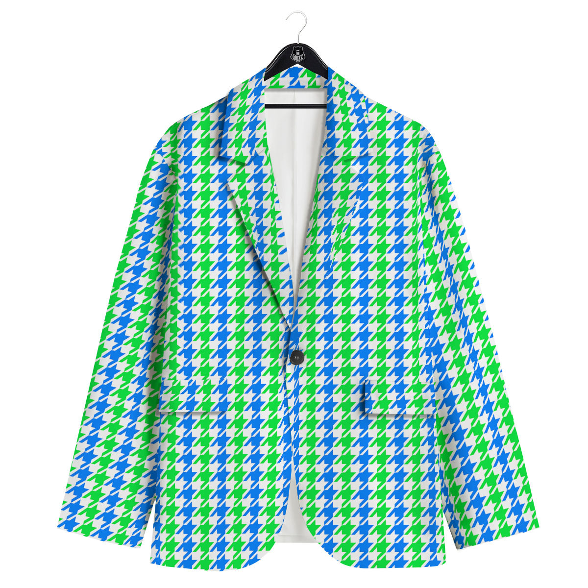 Green Blue And White Houndstooth Print Men's Sport Coat-grizzshop