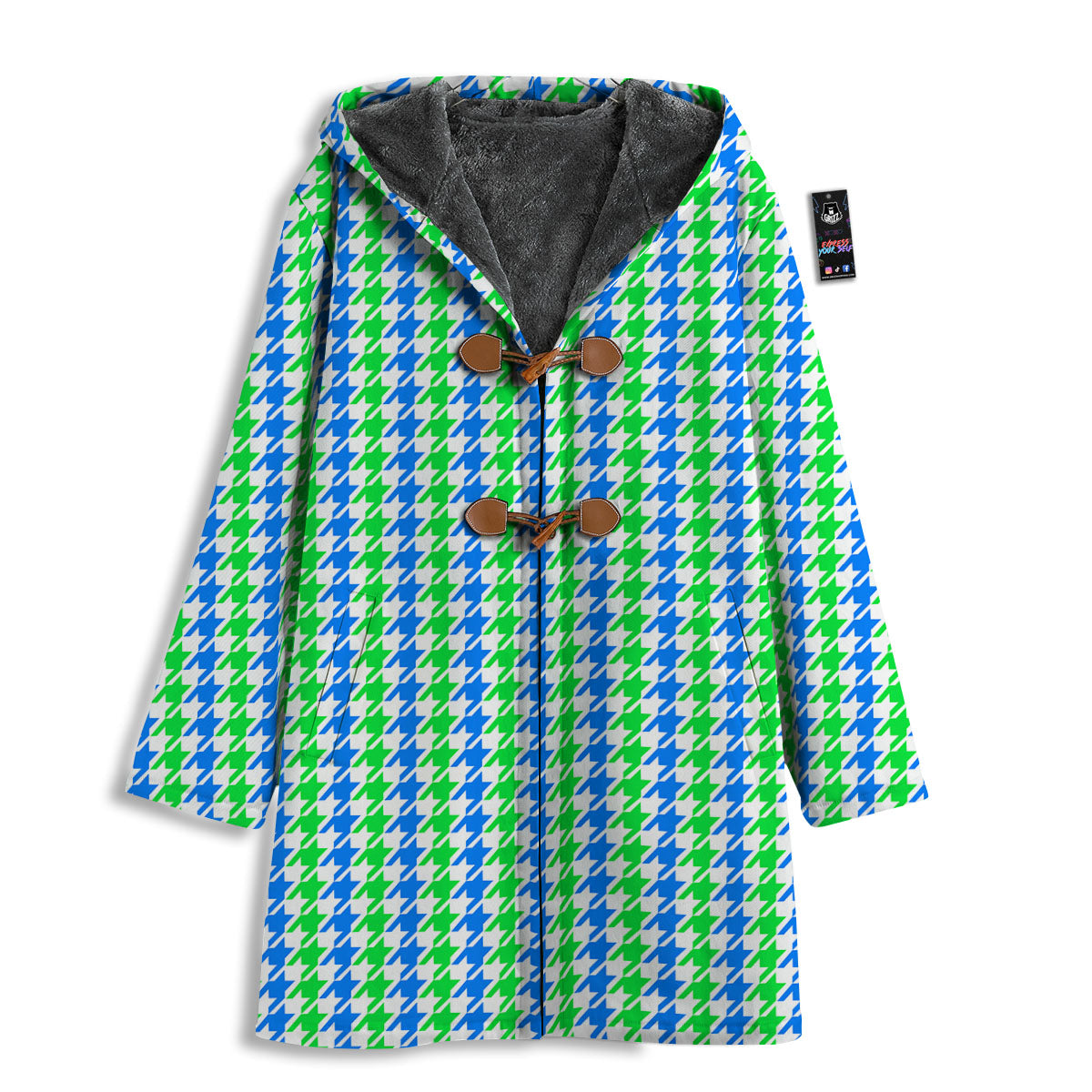 Green Blue And White Houndstooth Print Men's Windbreaker Jacket-grizzshop