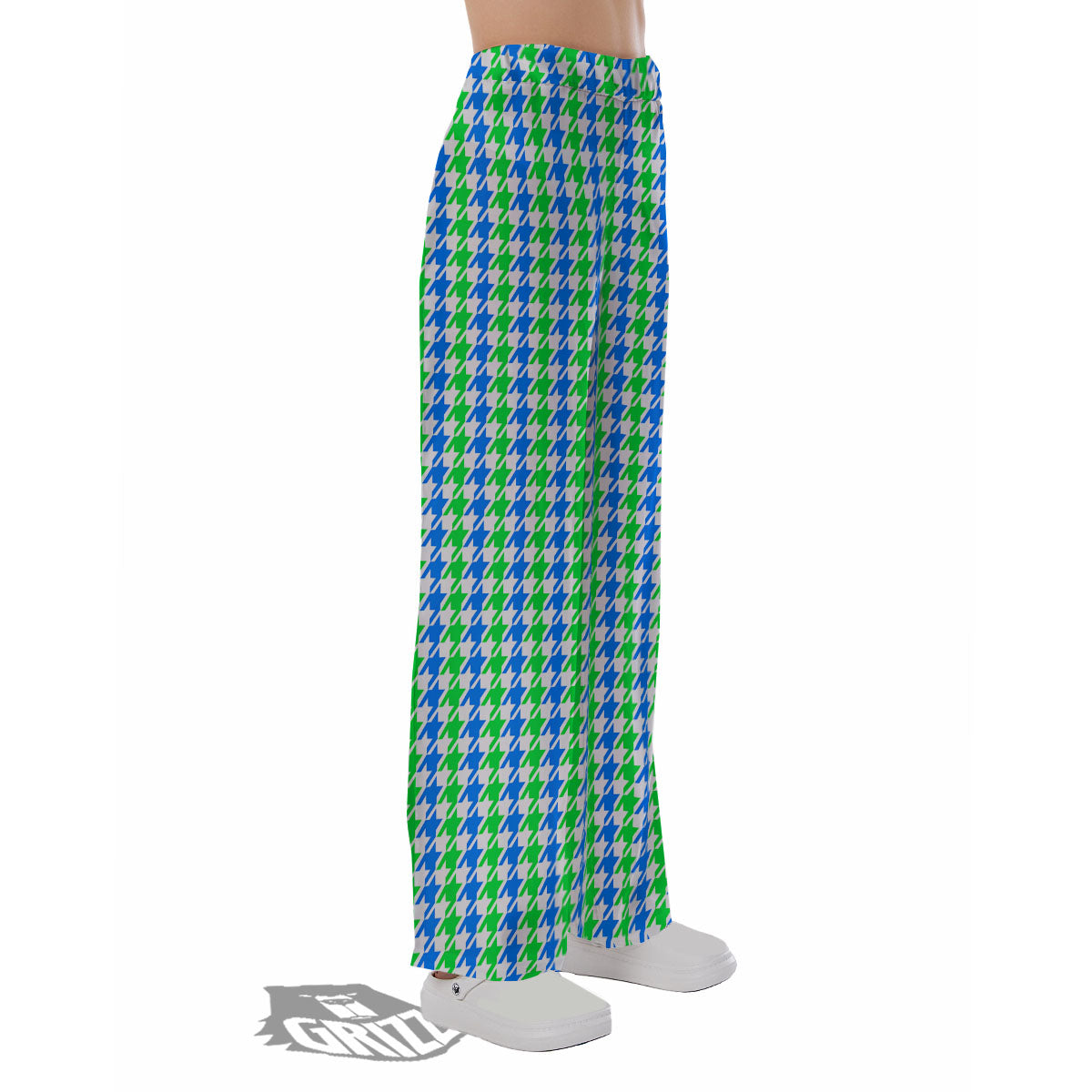 Green Blue And White Houndstooth Print Pajama Pants-grizzshop