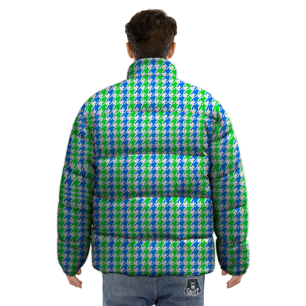 Green Blue And White Houndstooth Print Puffer Jacket-grizzshop