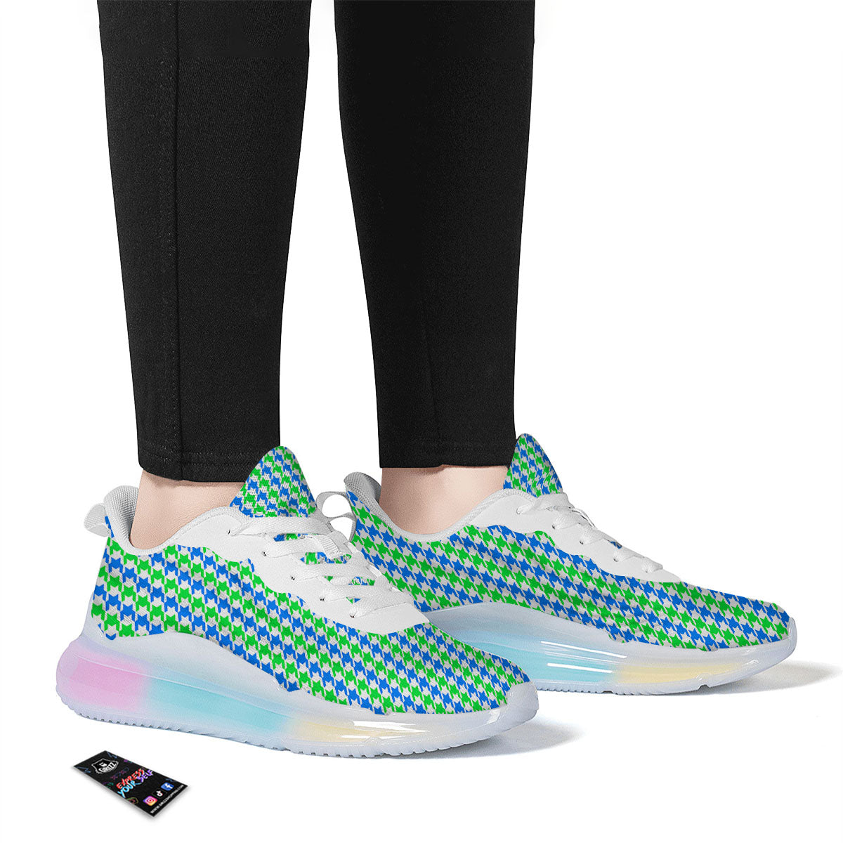 Green Blue And White Houndstooth Print Running Sneakers-grizzshop