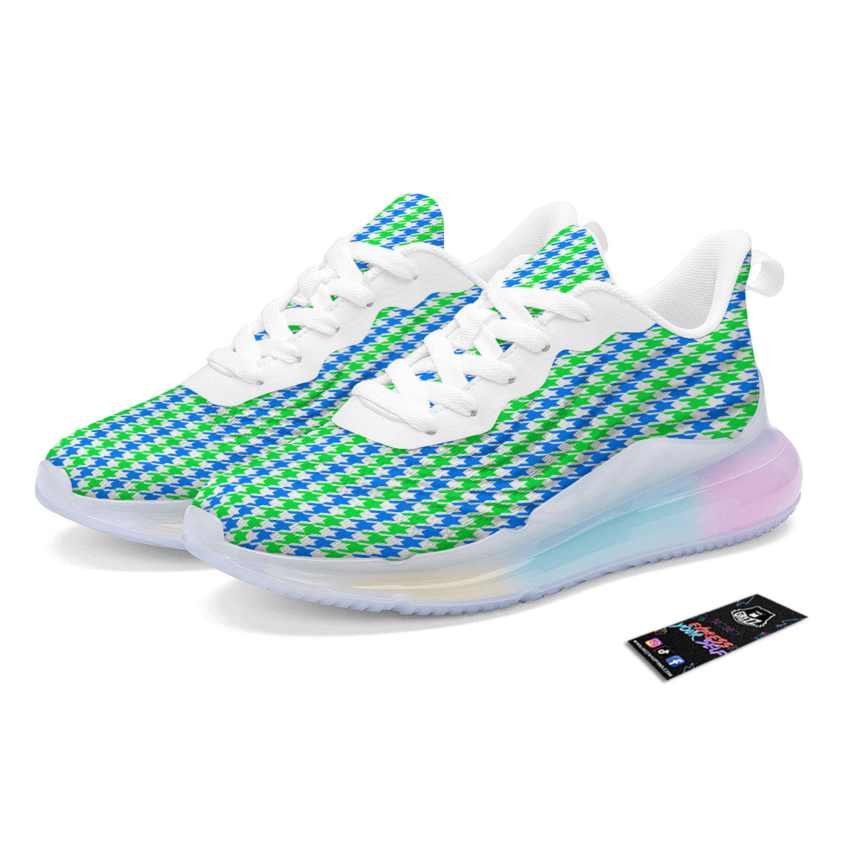 Green Blue And White Houndstooth Print Running Sneakers-grizzshop