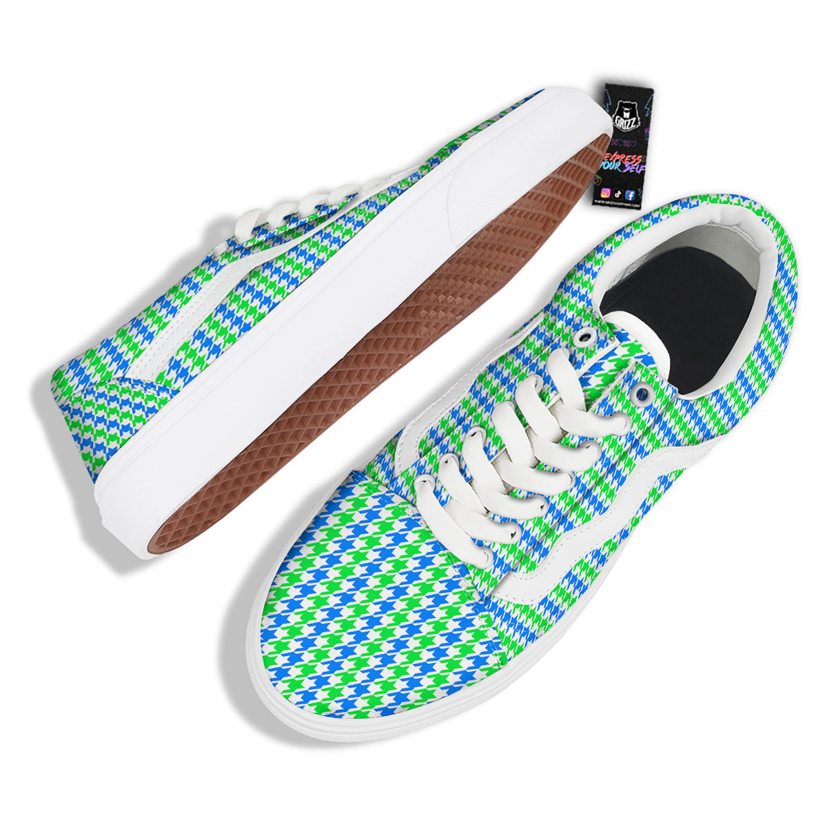Green Blue And White Houndstooth Print Skate Shoes-grizzshop