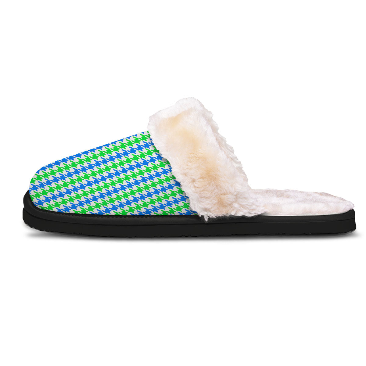 Green Blue And White Houndstooth Print Slippers-grizzshop