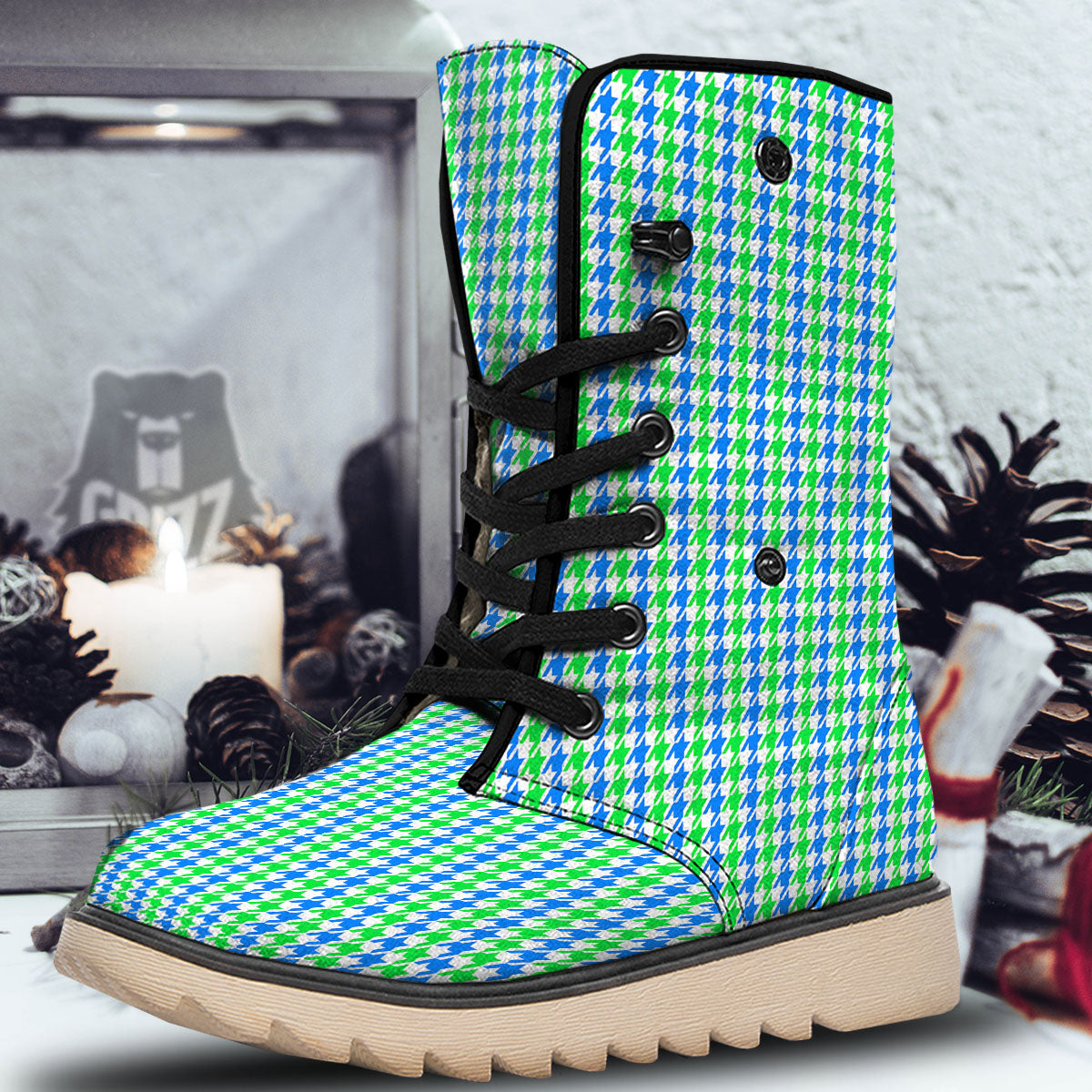 Green Blue And White Houndstooth Print Snow Boots-grizzshop