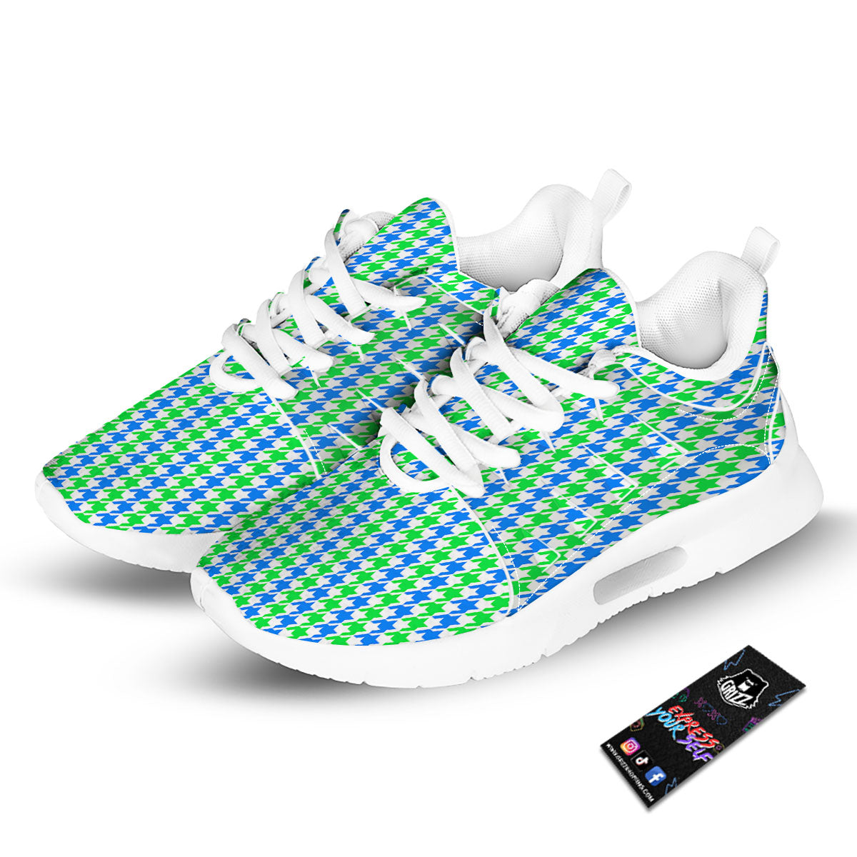 Green Blue And White Houndstooth Print Tennis Shoes-grizzshop