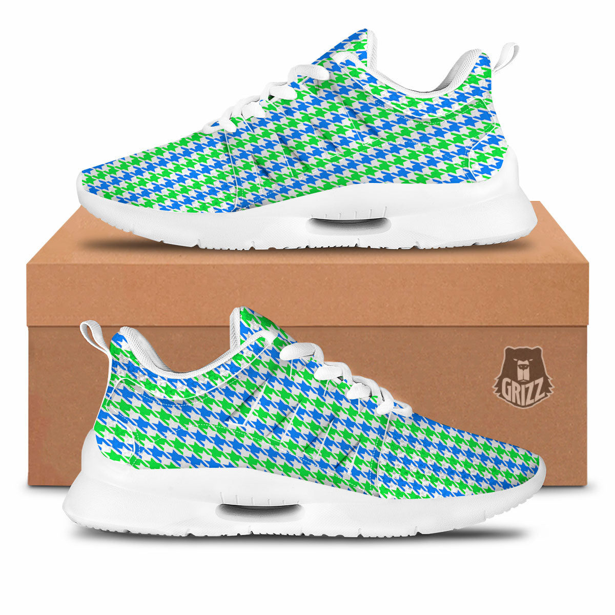 Green Blue And White Houndstooth Print Tennis Shoes-grizzshop