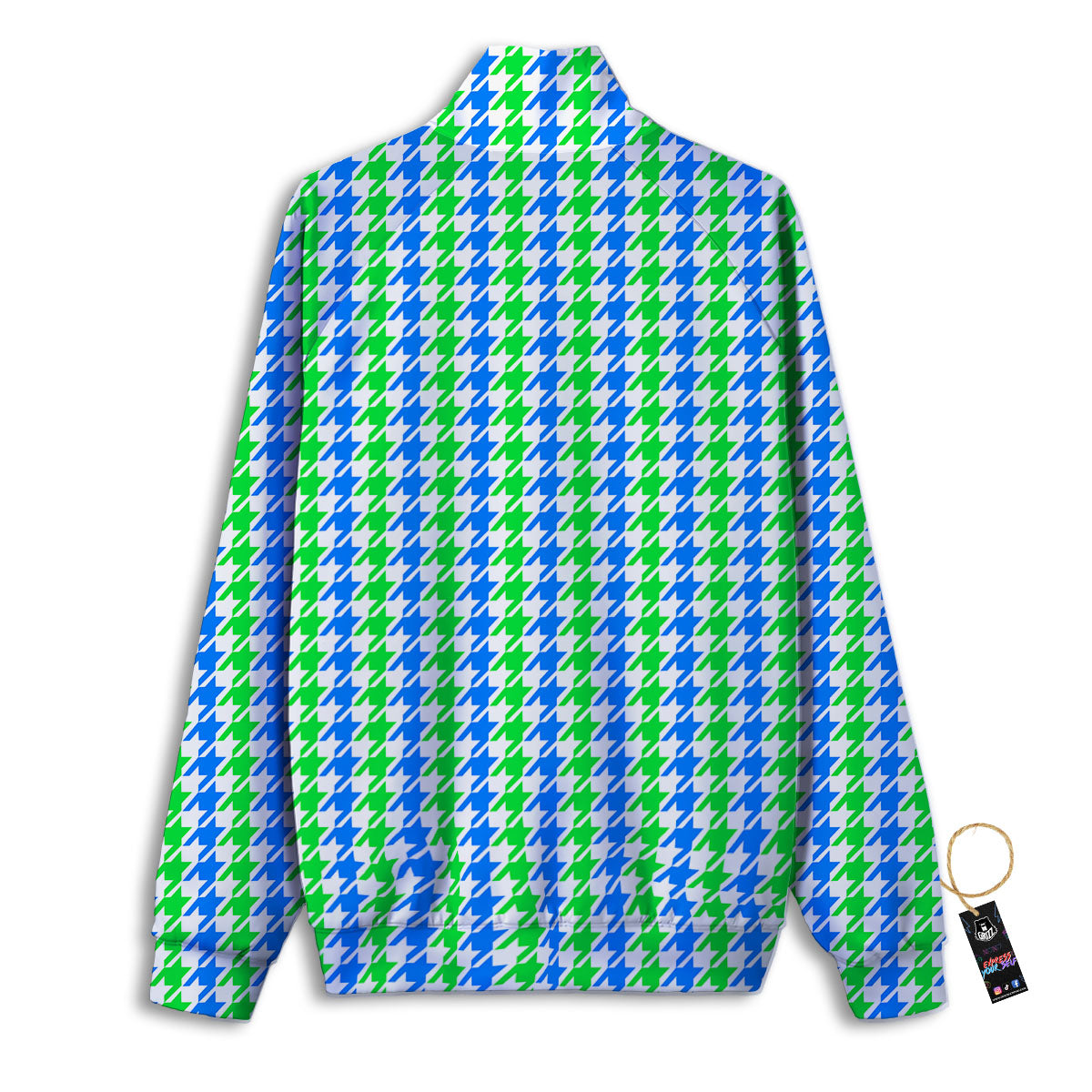 Green Blue And White Houndstooth Print Track Jacket-grizzshop