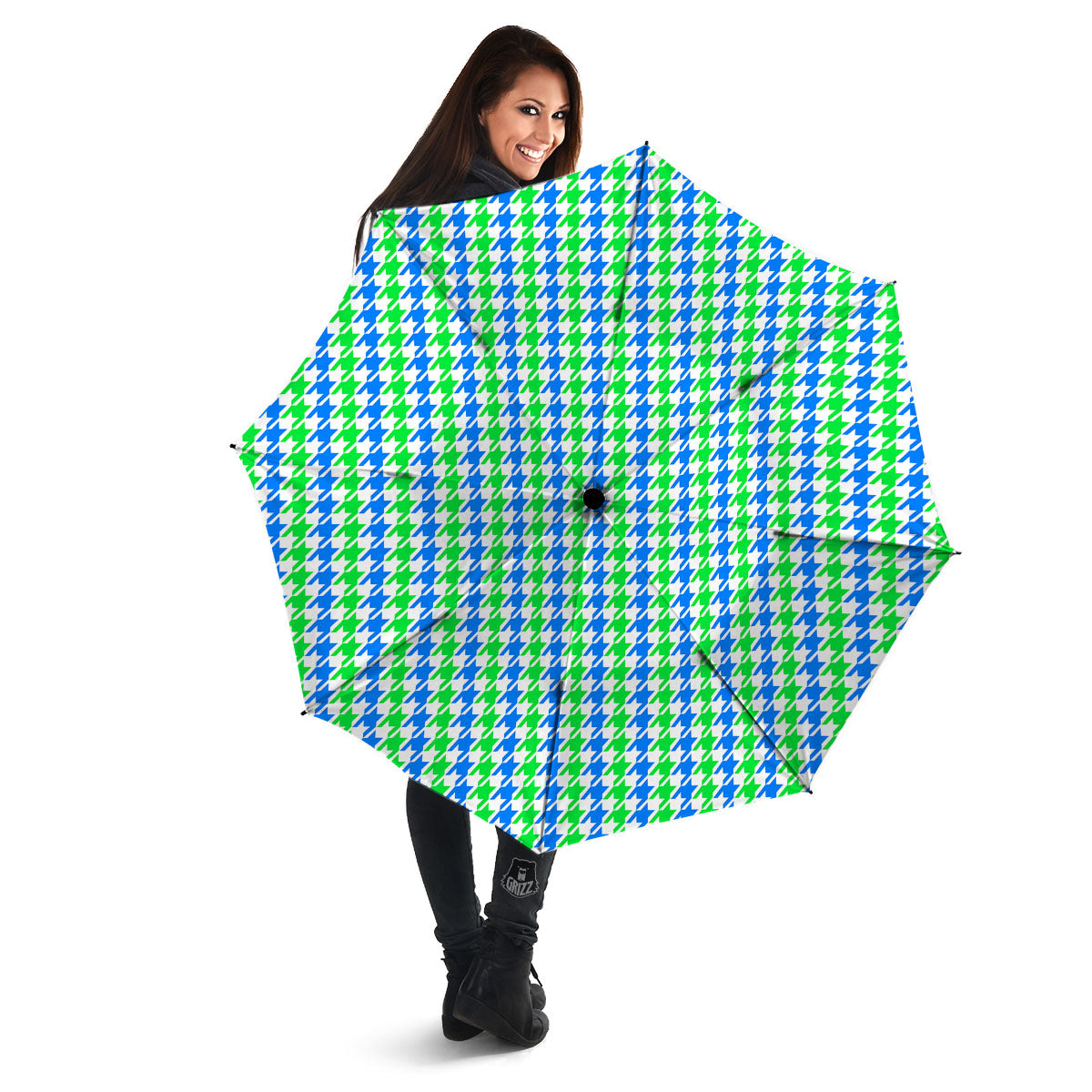 Green Blue And White Houndstooth Print Umbrella-grizzshop