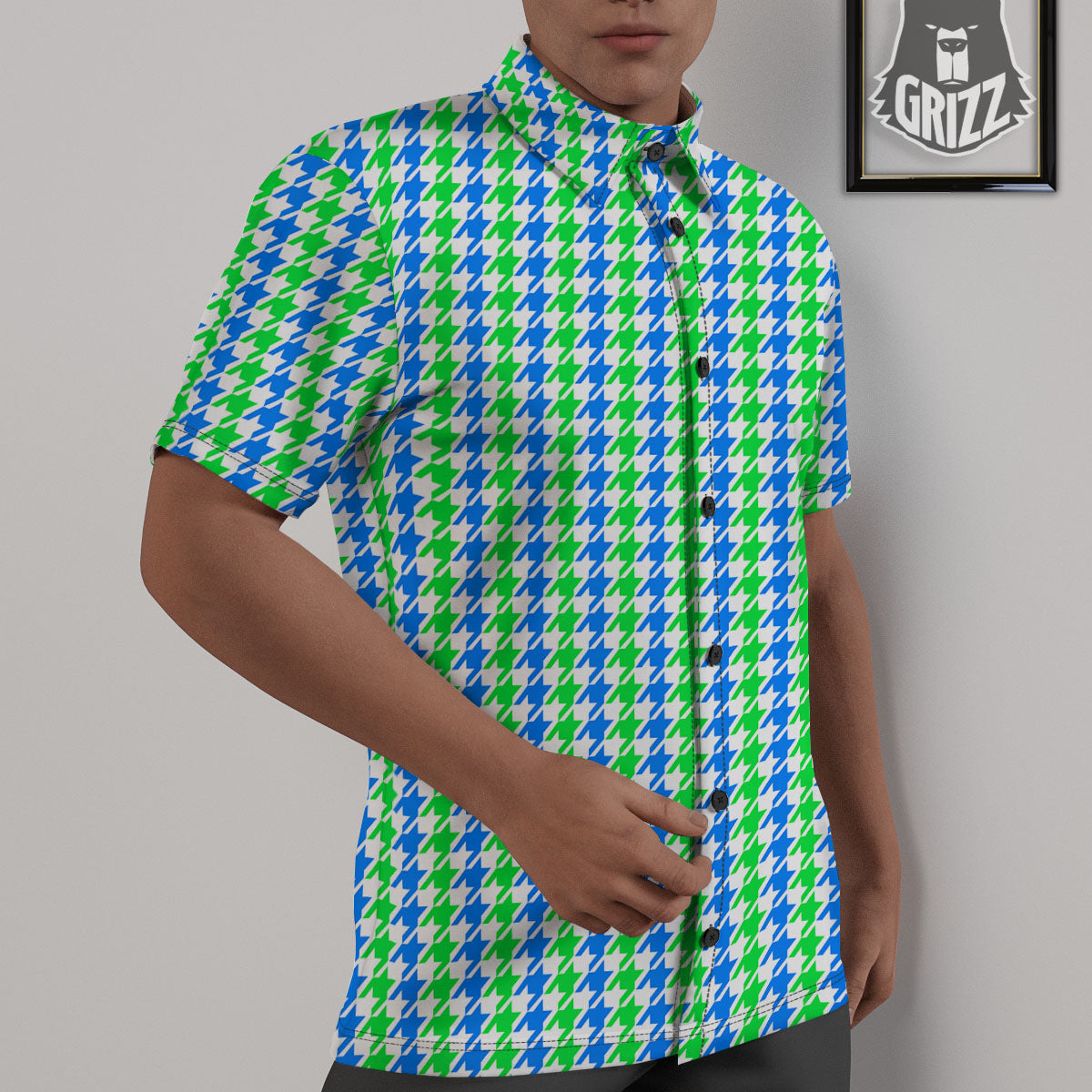 Green Blue And White Houndstooth Print Untucked Shirts-grizzshop
