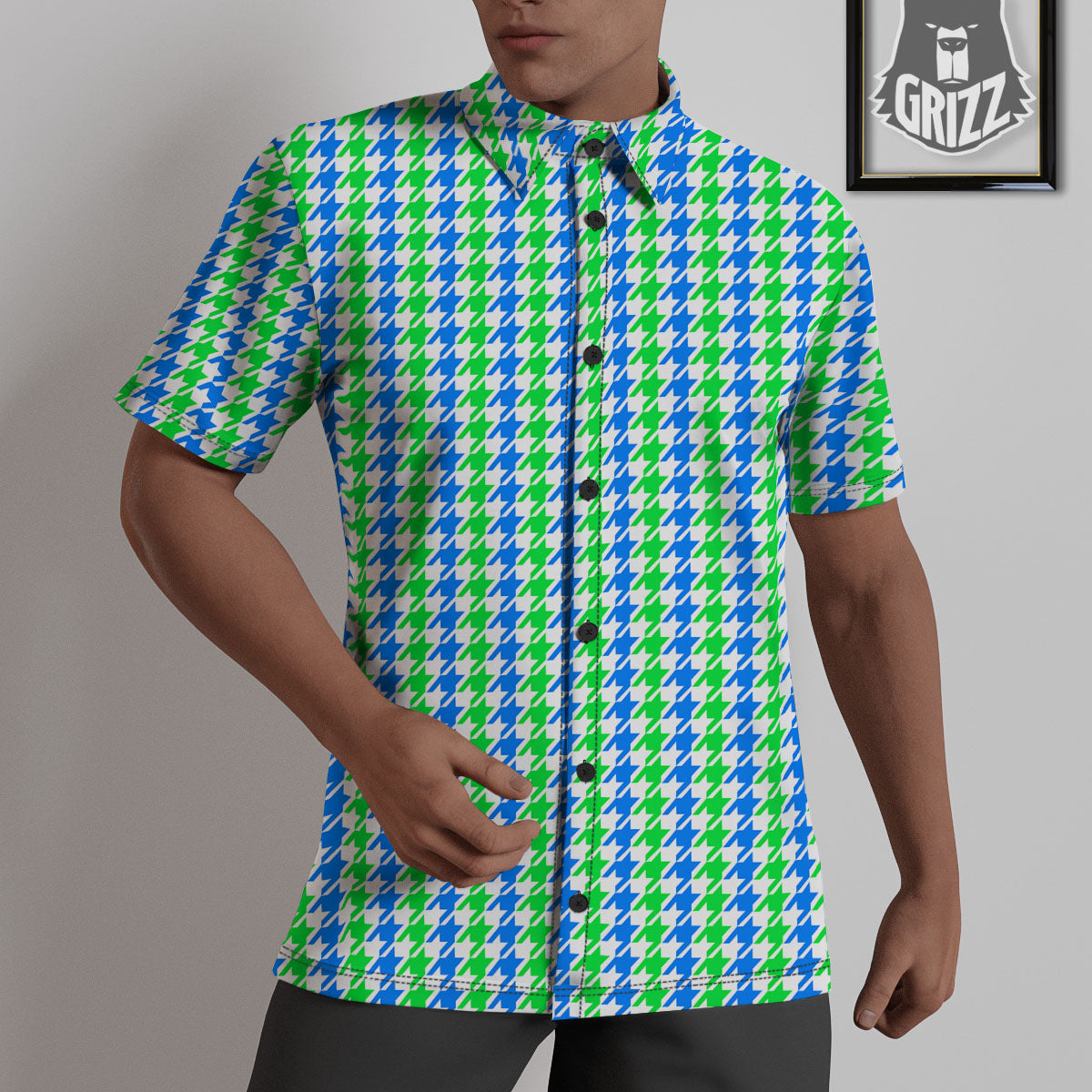 Green Blue And White Houndstooth Print Untucked Shirts-grizzshop