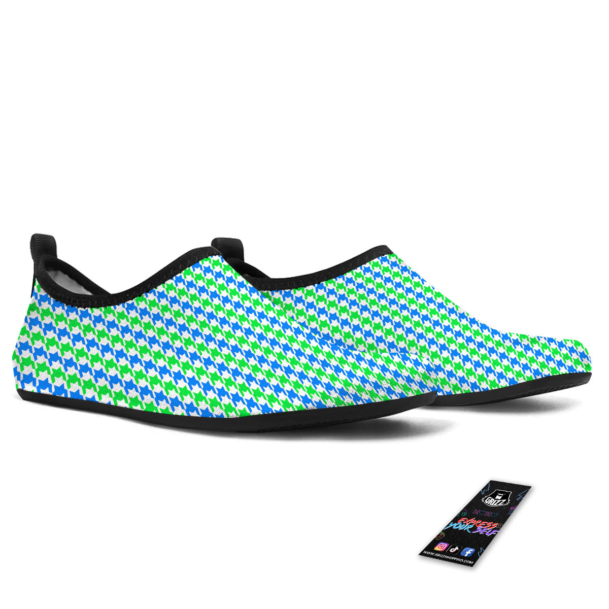 Green Blue And White Houndstooth Print Water Shoes-grizzshop