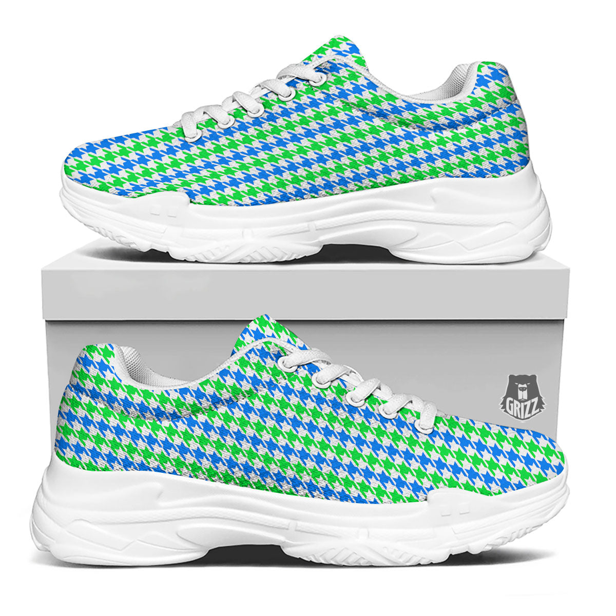 Green Blue And White Houndstooth Print White Chunky Shoes-grizzshop