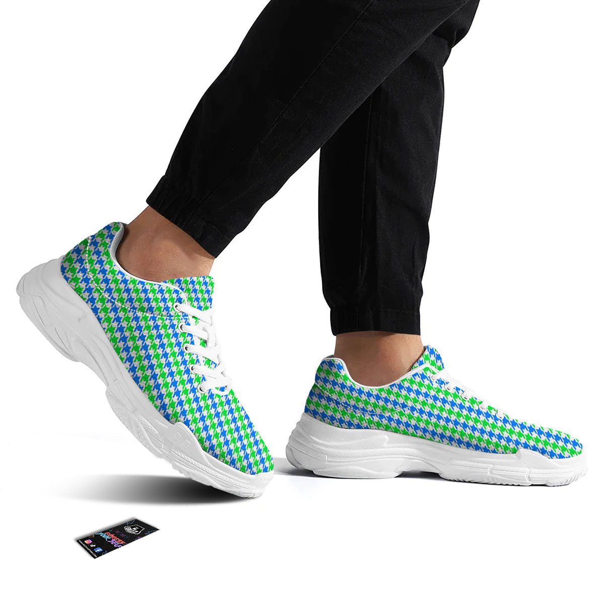 Green Blue And White Houndstooth Print White Chunky Shoes-grizzshop