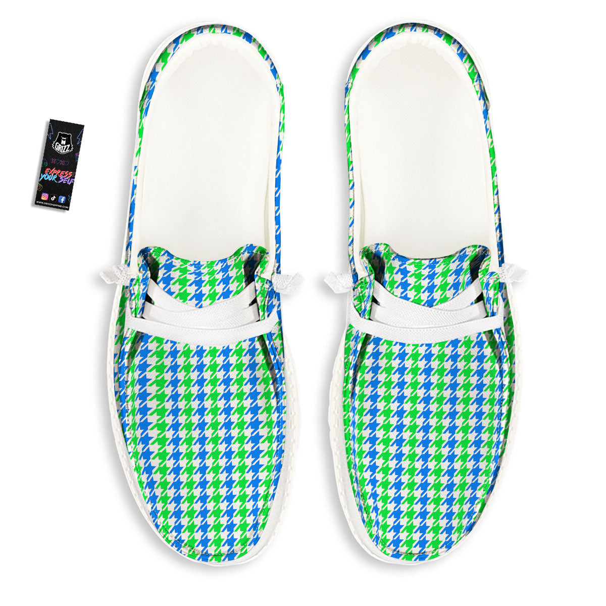 Green Blue And White Houndstooth Print White Loafers-grizzshop